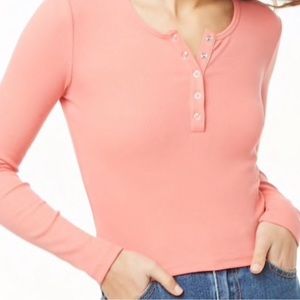 Coral Ribbed Henley Long Sleeve Top